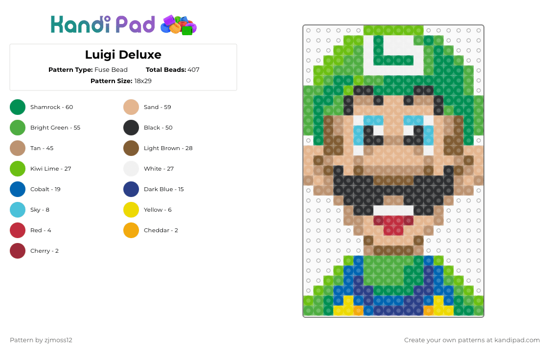 Luigi Deluxe - Fuse Bead Pattern by zjmoss12 on Kandi Pad - green,beige
