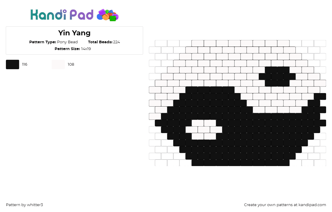 Yin Yang - Pony Bead Pattern by whitter3 on Kandi Pad - yin yang,balance,harmony,spiritual,zen,tao,black,white