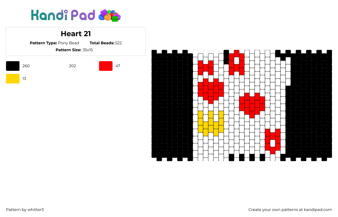 Heart 21 - Pony Bead Pattern by whitter3 on Kandi Pad - ace,cards,gaming,heart,white,black,red