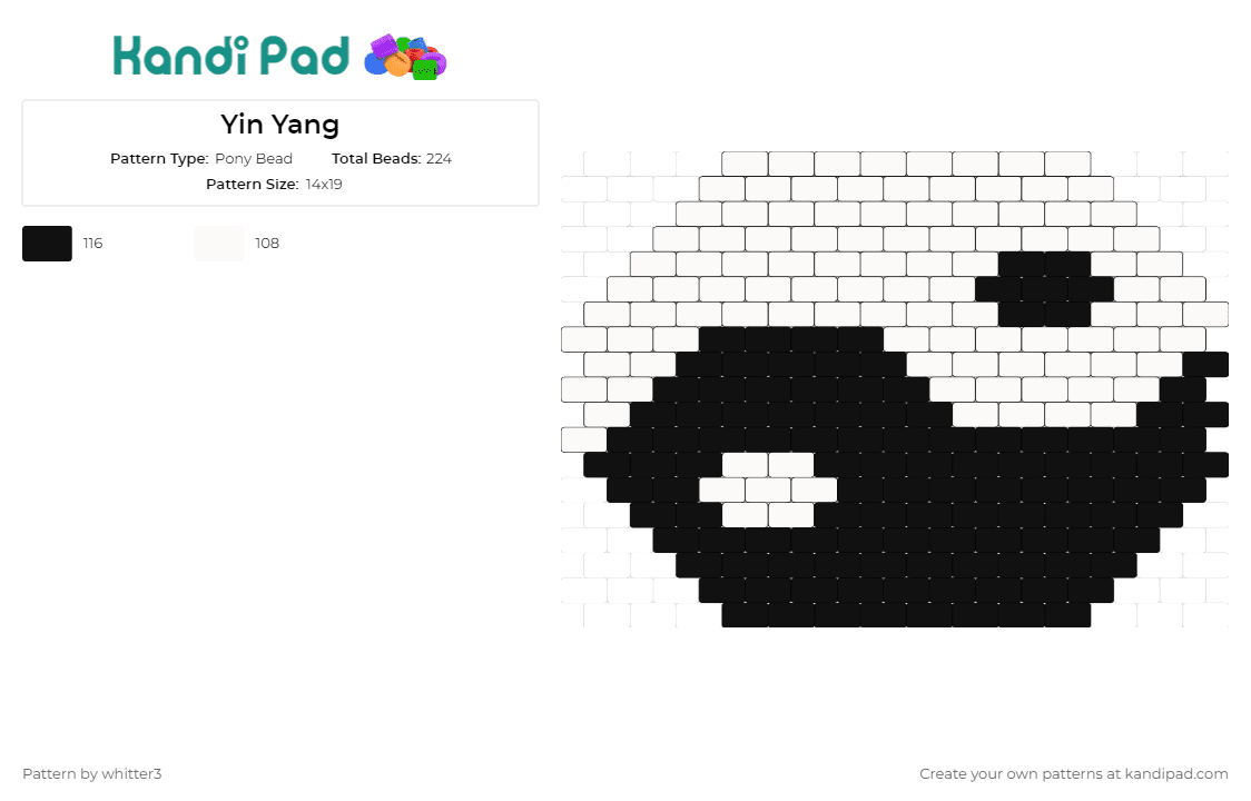 Yin Yang - Pony Bead Pattern by whitter3 on Kandi Pad - yin yang,balance,harmony,spiritual,zen,tao,black,white