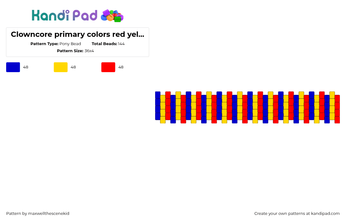 Clowncore primary colors red yellow blue cuff - Pony Bead Pattern by maxwellthescenekid on Kandi Pad - purple,yellow,red