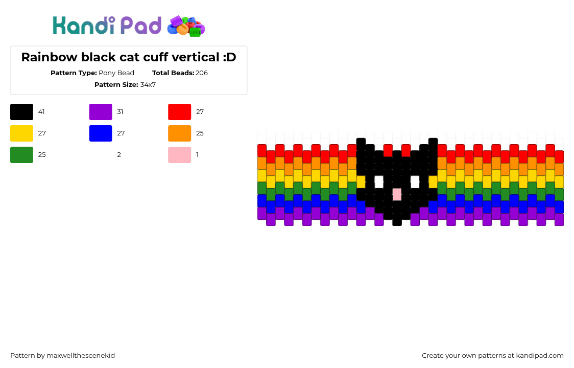 Rainbow black cat cuff vertical :D - Pony Bead Pattern by maxwellthescenekid on Kandi Pad - orange,purple,colorful