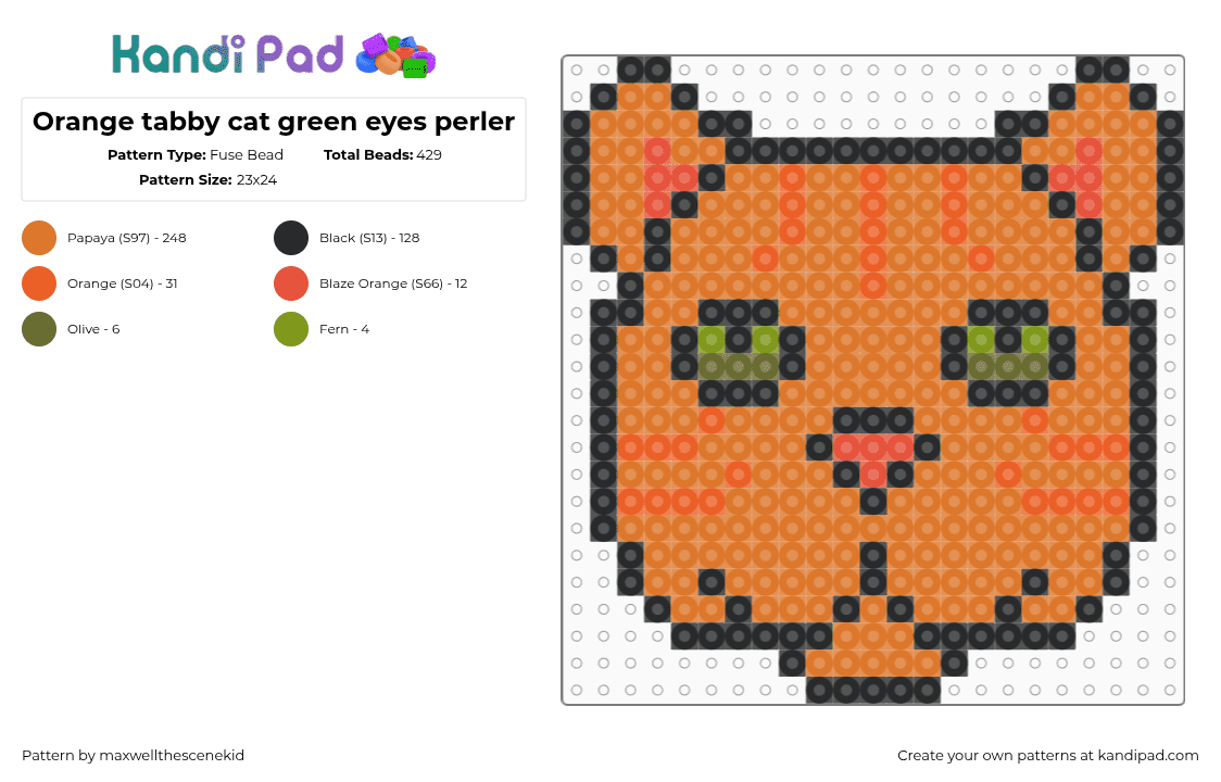 Orange tabby cat green eyes perler - Fuse Bead Pattern by maxwellthescenekid on Kandi Pad - orange