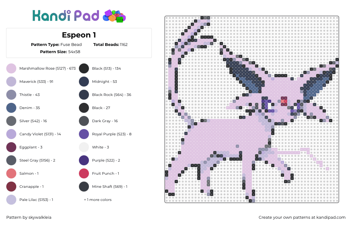 Espeon 1 - Fuse Bead Pattern by skywalkleia on Kandi Pad - 