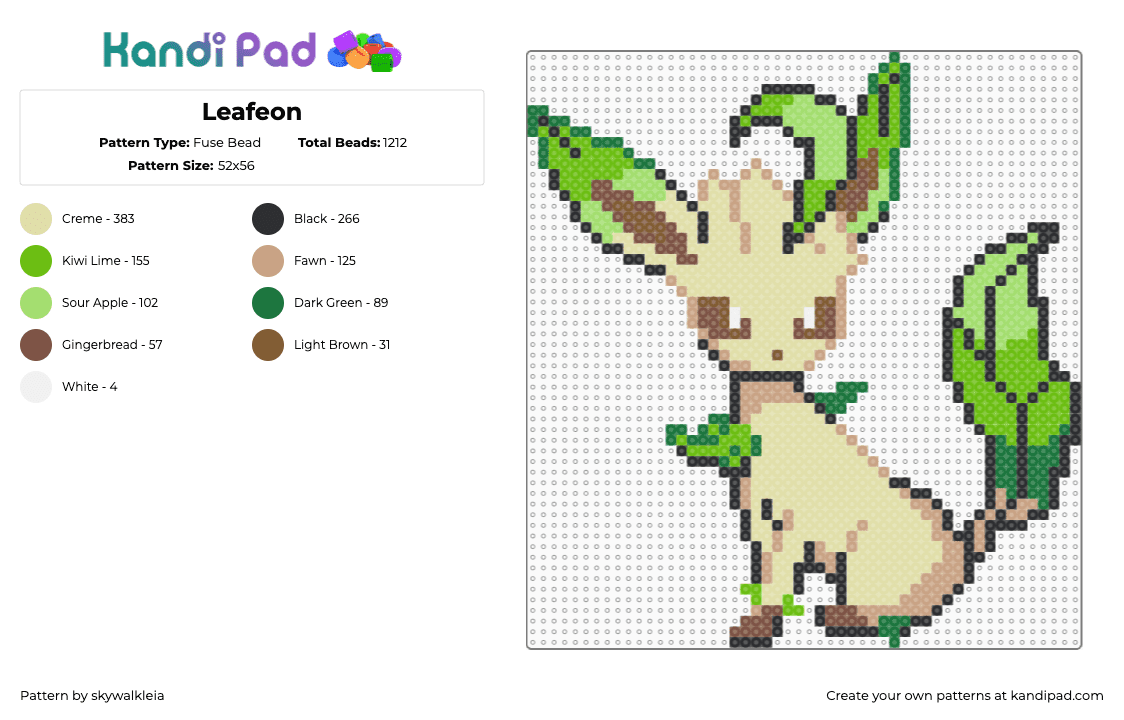 Leafeon - Fuse Bead Pattern by skywalkleia on Kandi Pad - green,yellow