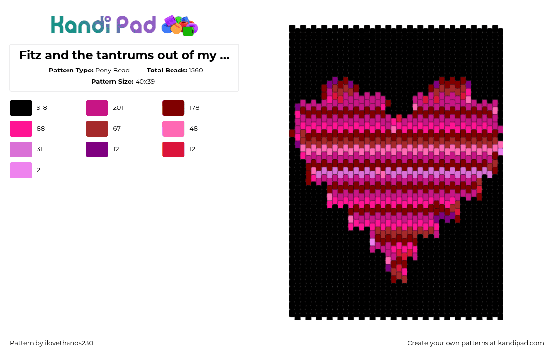 Fitz and the tantrums out of my league heart - Pony Bead Pattern by ilovethanos230 on Kandi Pad - black,pink