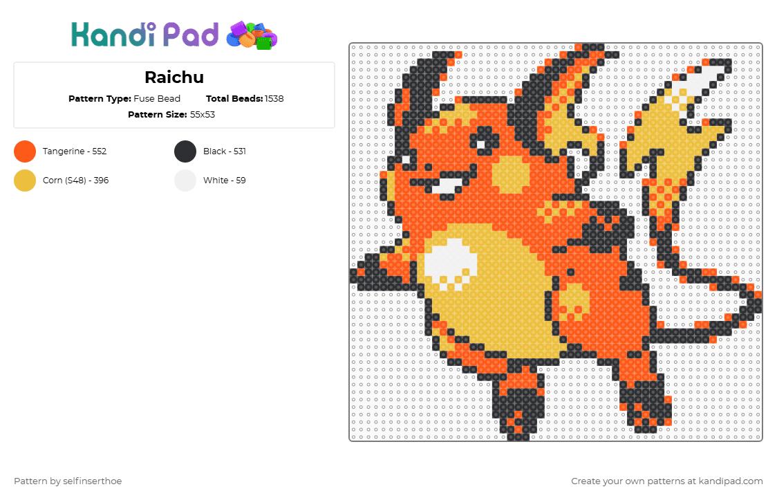 Raichu - Fuse Bead Pattern by selfinserthoe on Kandi Pad - orange,yellow