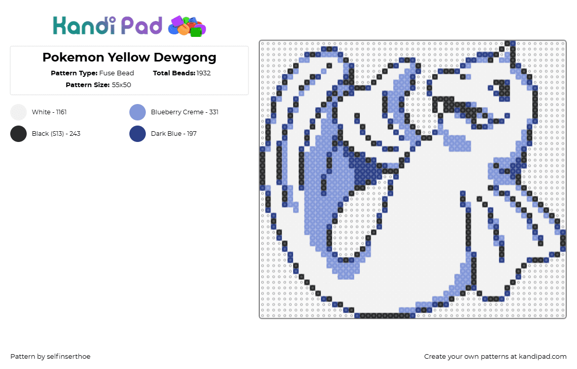Pokemon Yellow Dewgong - Fuse Bead Pattern by selfinserthoe on Kandi Pad - dewgong,evolution,character,seel,gaming,video game,pokemon,white,blue,light blue,pokemon yellow