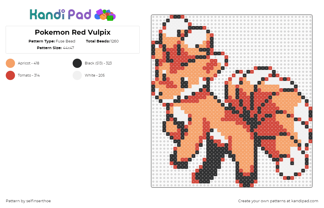 Pokemon Red Vulpix - Fuse Bead Pattern by selfinserthoe on Kandi Pad - red,orange,pokemon,vulpix