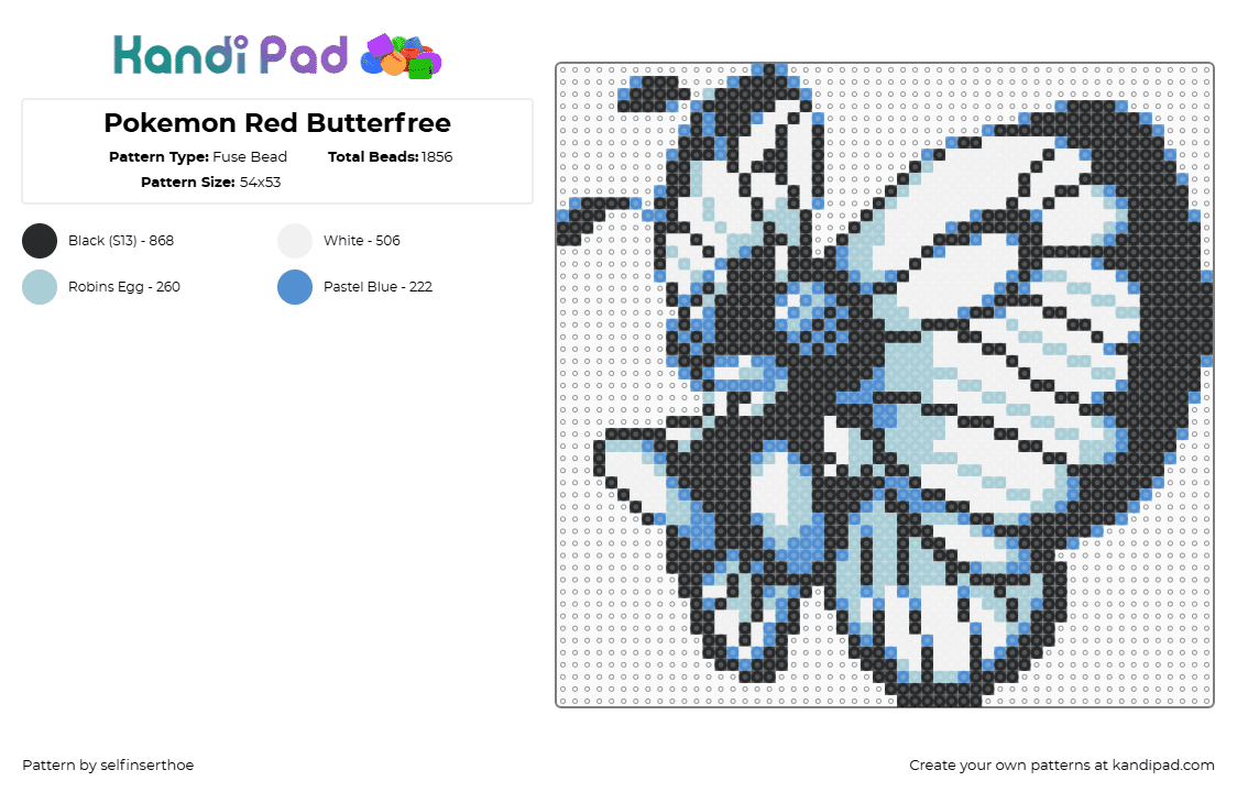 Pokemon Red Butterfree - Fuse Bead Pattern by selfinserthoe on Kandi Pad - light blue,white,pokemon,butterfree,pokemon red