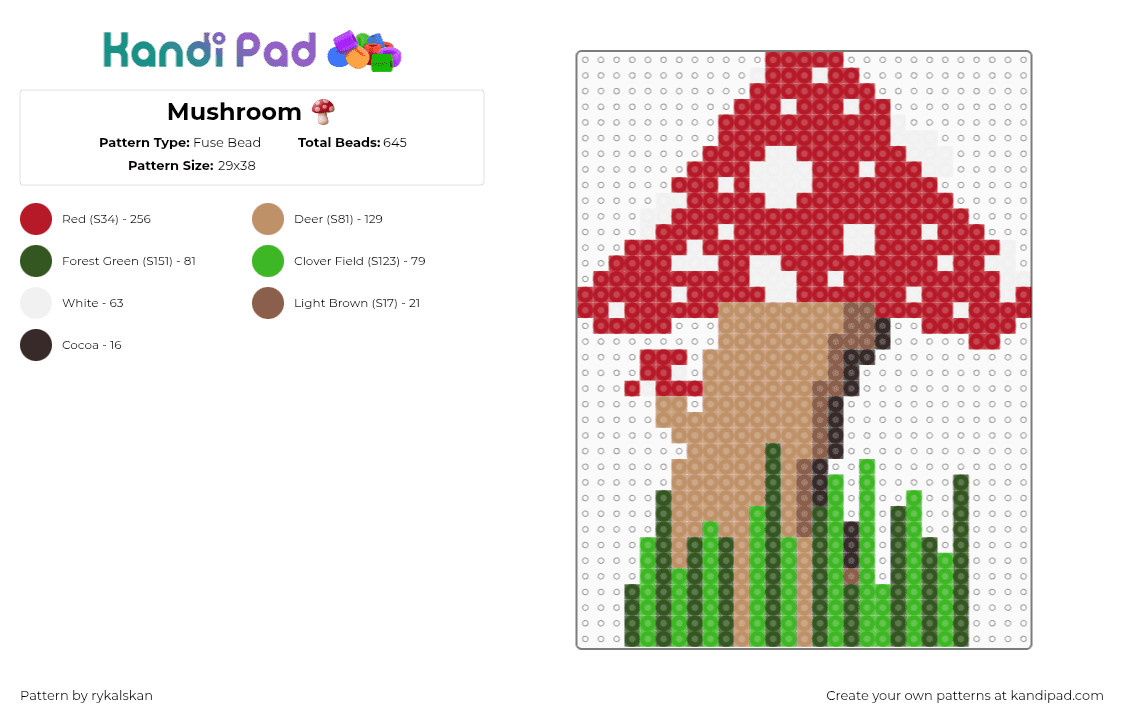 Mushroom 🍄 - Fuse Bead Pattern by rykalskan on Kandi Pad - red,tan