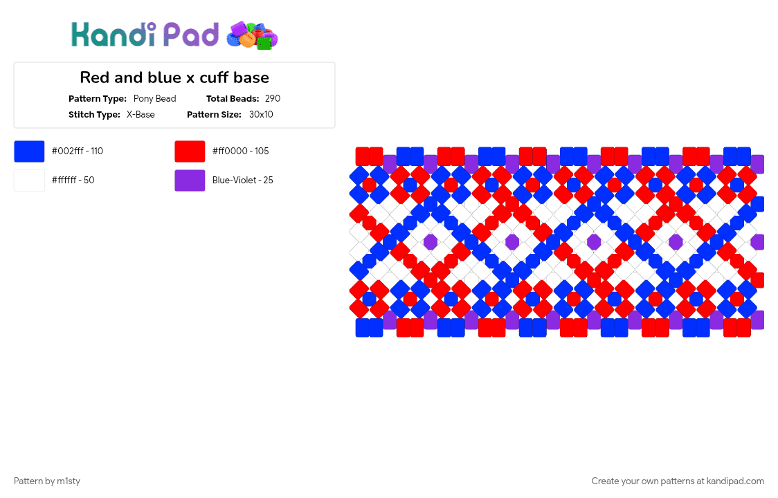 Red and blue x cuff base - Pony Bead Pattern by m1sty on Kandi Pad - big, cuff pattern, purple, red, red and blue, rotator base, x base cuff
