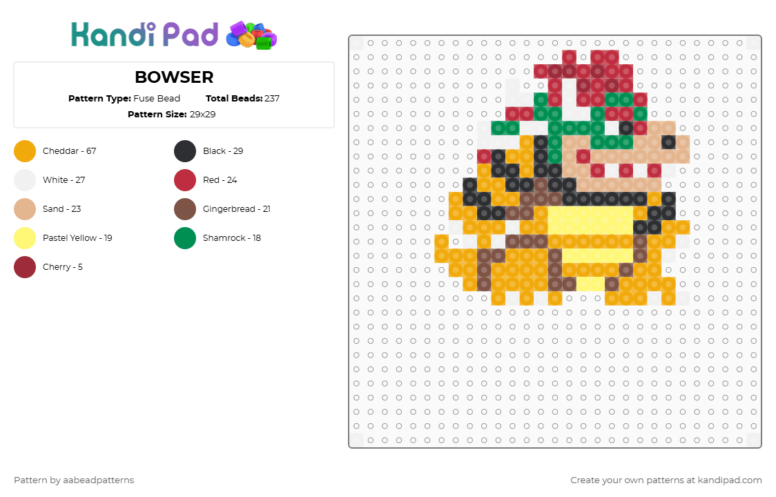 BOWSER - Fuse Bead Pattern by aabeadpatterns on Kandi Pad - red,orange