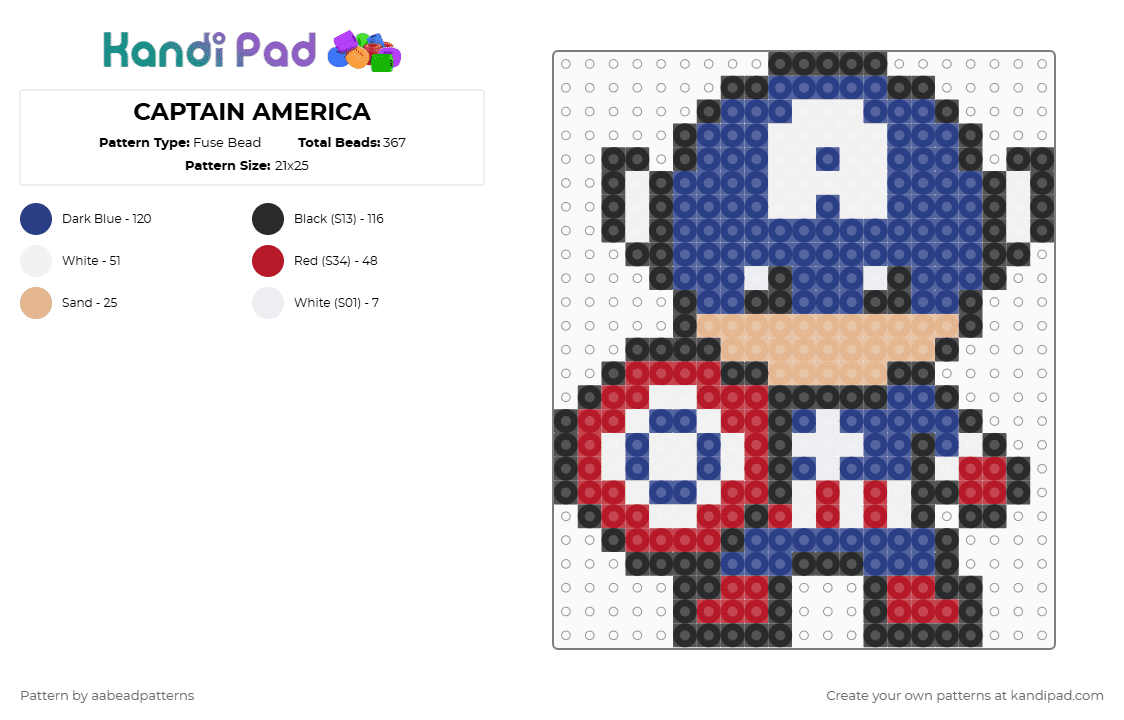 CAPTAIN AMERICA - Fuse Bead Pattern by aabeadpatterns on Kandi Pad - blue