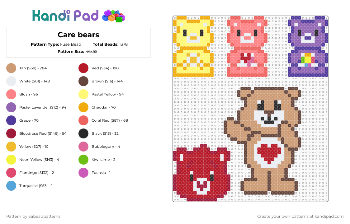 Care bears - Fuse Bead Pattern by aabeadpatterns on Kandi Pad - red,brown,beige