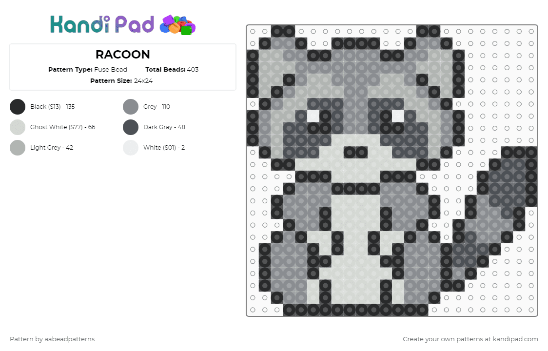 RACOON - Fuse Bead Pattern by aabeadpatterns on Kandi Pad - gray