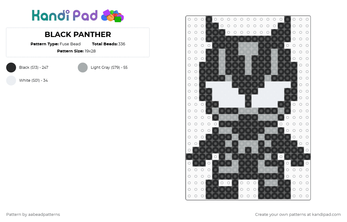 BLACK PANTHER - Fuse Bead Pattern by aabeadpatterns on Kandi Pad - black,gray,white