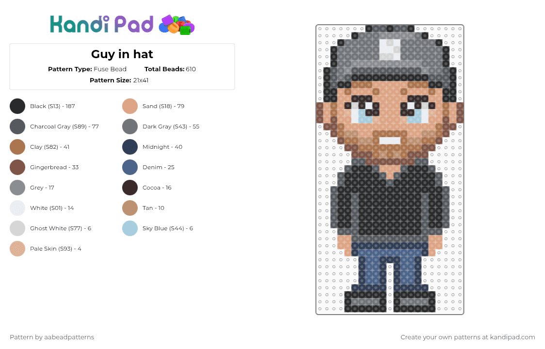 Guy in hat - Fuse Bead Pattern by aabeadpatterns on Kandi Pad - tan,beige,gray