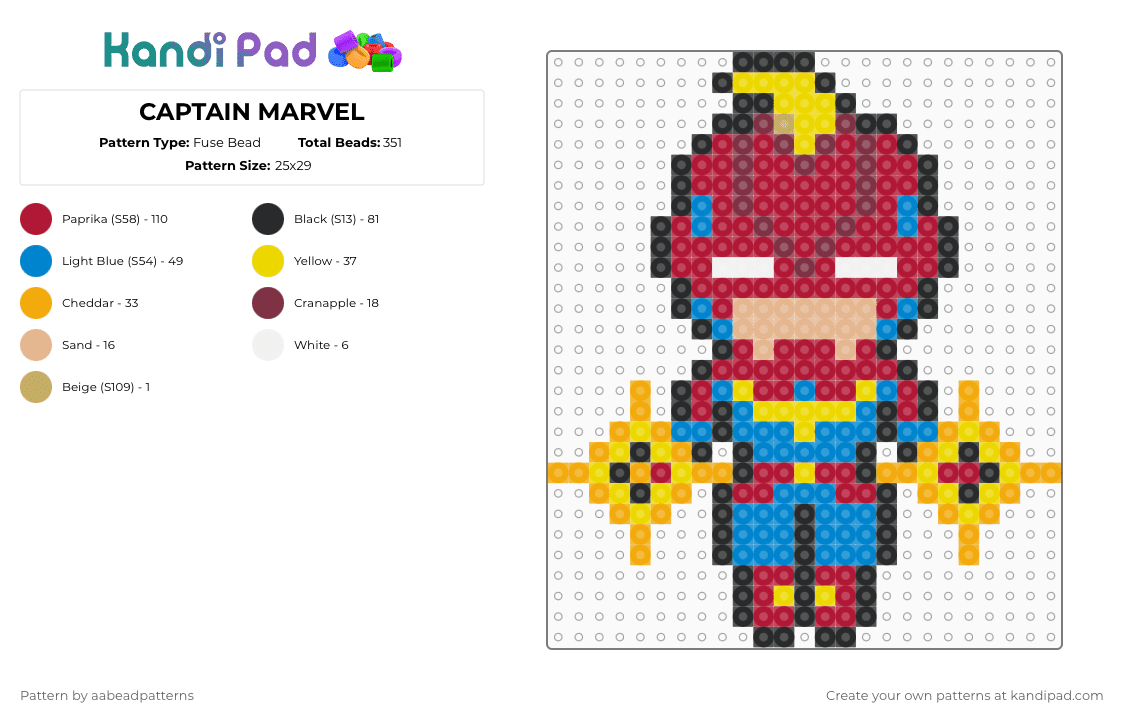 CAPTAIN MARVEL - Fuse Bead Pattern by aabeadpatterns on Kandi Pad - red,blue