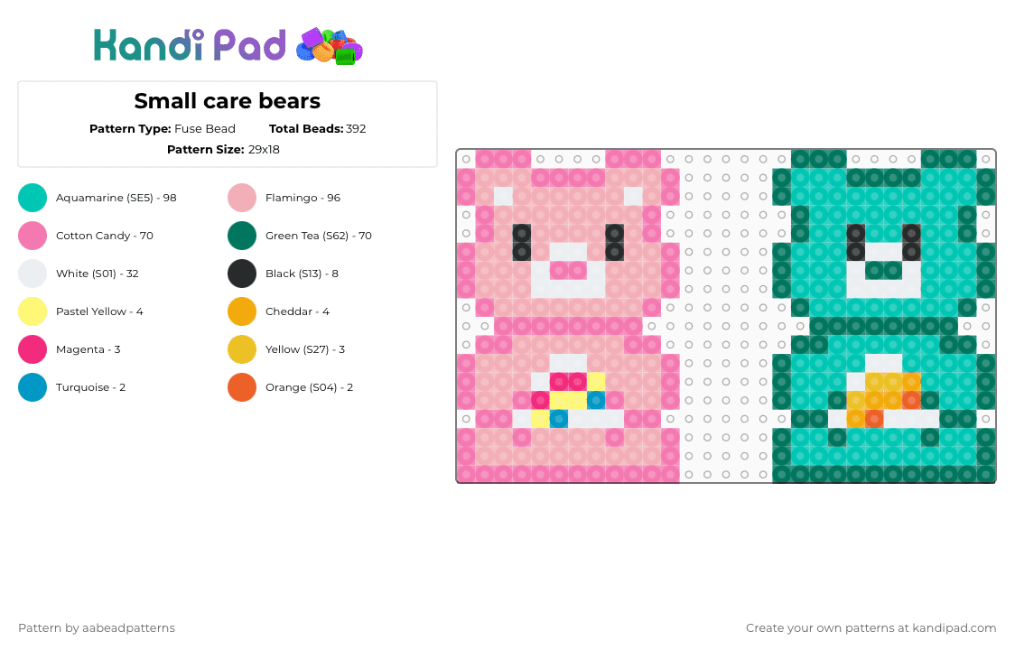 Small care bears - Fuse Bead Pattern by aabeadpatterns on Kandi Pad - pink,beige,teal