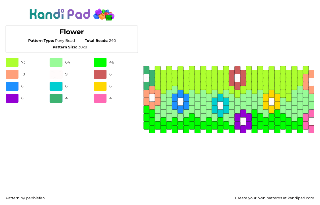 Flower - Pony Bead Pattern by pebblefan on Kandi Pad - green,teal,flower,cuff,simple