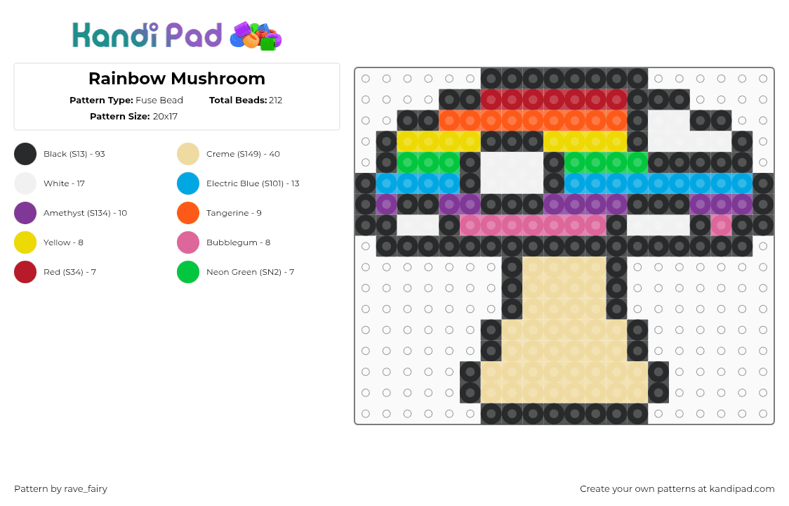 Rainbow Mushroom - Fuse Bead Pattern by rave_fairy on Kandi Pad - black,beige,pink,rainbow,mushroom,rave,perler,kandi