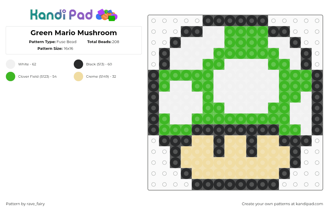 Green Mario Mushroom - Fuse Bead Pattern by rave_fairy on Kandi Pad - beige,green,mushroom,mario,perler,kandi,pattern