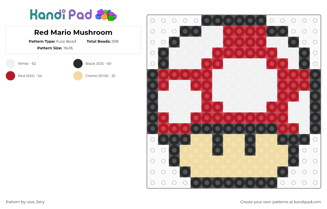 Red Mario Mushroom - Fuse Bead Pattern by rave_fairy on Kandi Pad - beige,red,mushroom,mario,perler,pattern,kandi