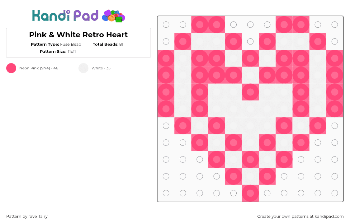 Pink & White Retro Heart - Fuse Bead Pattern by rave_fairy on Kandi Pad - red,white,heart,pink,retro,perler,kandi,pattern