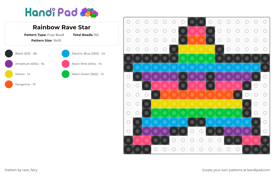 Rainbow Rave Star - Fuse Bead Pattern by rave_fairy on Kandi Pad - pink,green,colorful,rainbow,star,rave,perler,kandi,pattern,mario