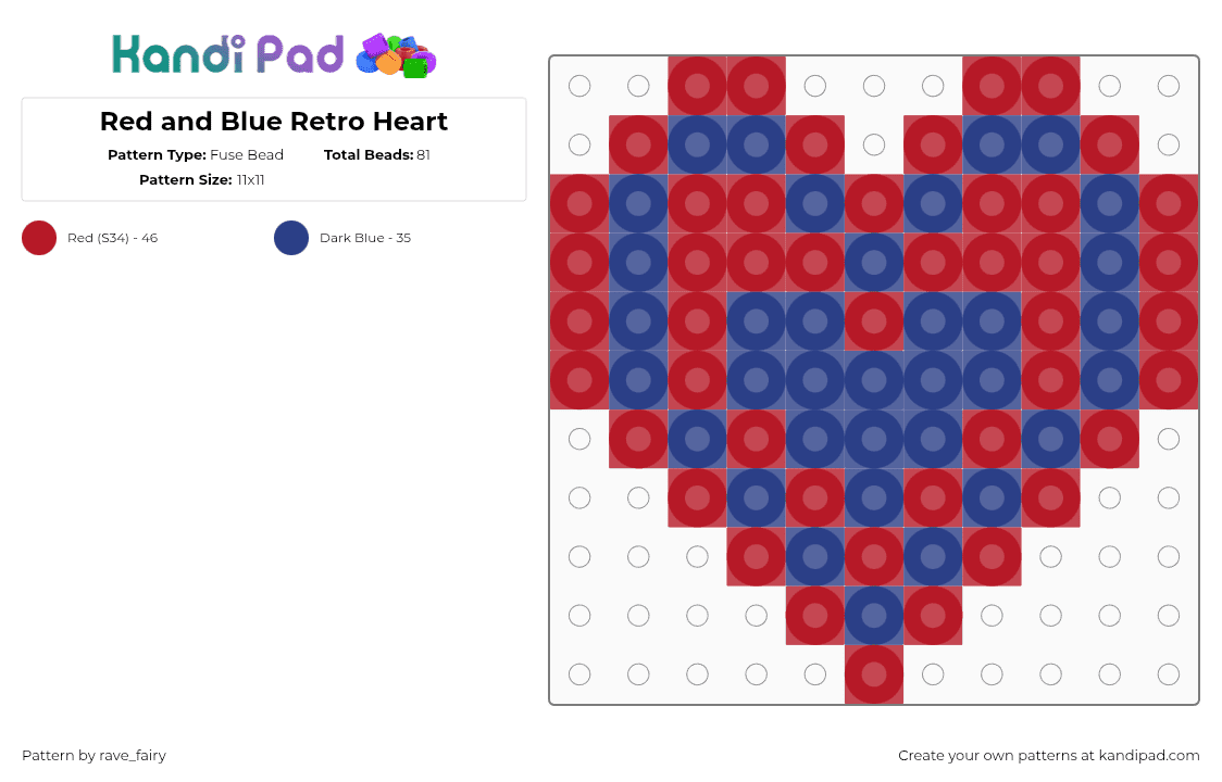 Red and Blue Retro Heart - Fuse Bead Pattern by rave_fairy on Kandi Pad - red,blue,heart,retro,perler,kandi,pattern