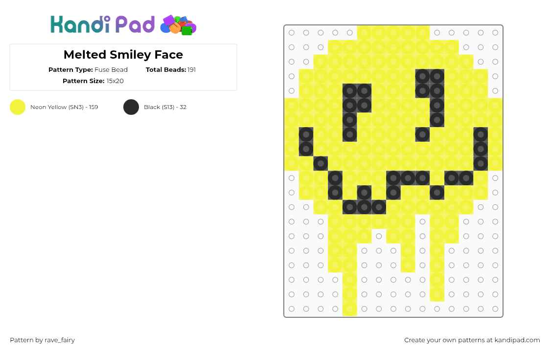 Melted Smiley Face - Fuse Bead Pattern by rave_fairy on Kandi Pad - yellow,smiley,melt,rave,perler,necklace,kandi