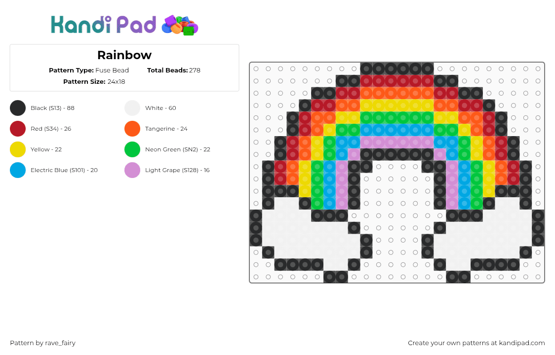 Rainbow - Fuse Bead Pattern by rave_fairy on Kandi Pad - orange,green,colorful,rainbow,clouds,perler,pattern,kandi