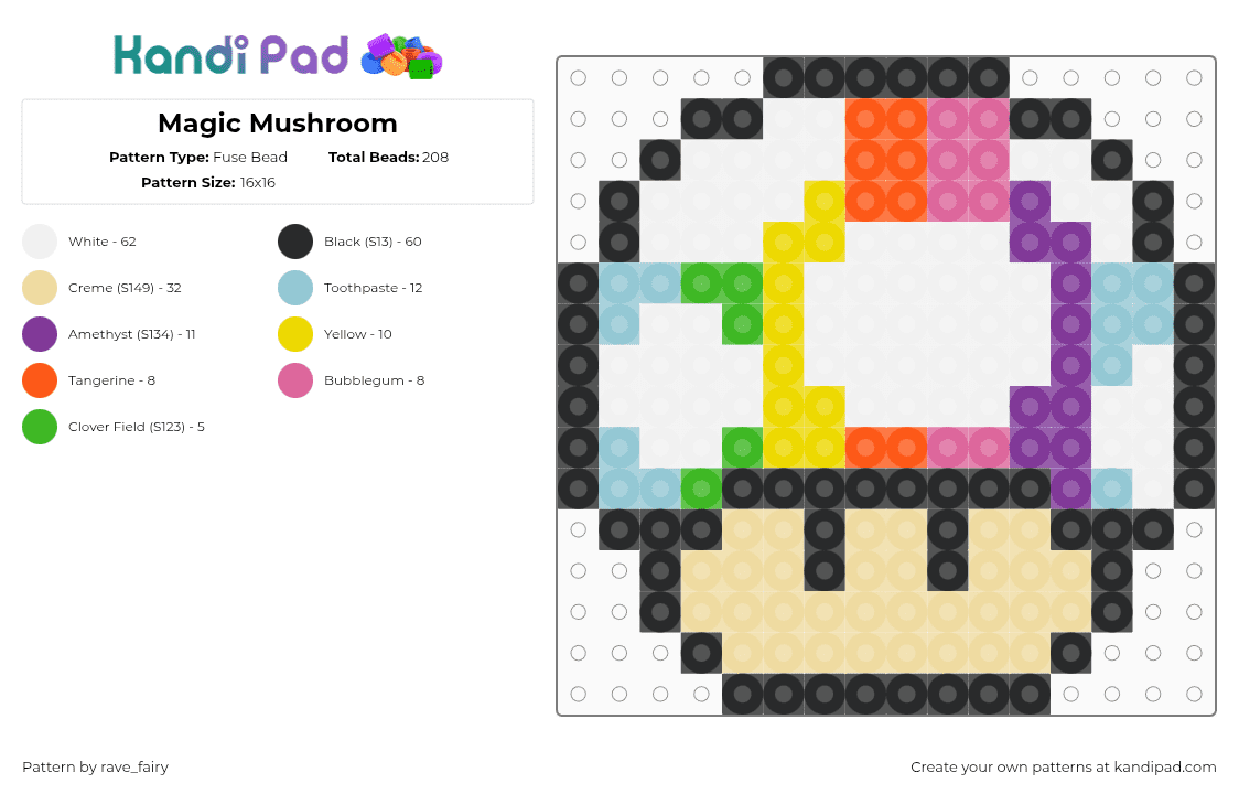 Magic Mushroom - Fuse Bead Pattern by rave_fairy on Kandi Pad - white,pink,beige,mushroom,rainbow,mario,magic,perler,kandi,pattern