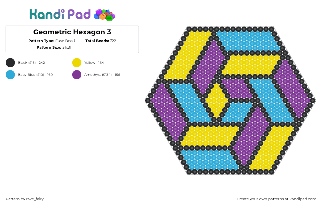 Geometric Hexagon 3 - Fuse Bead Pattern by rave_fairy on Kandi Pad - yellow,pink,light blue