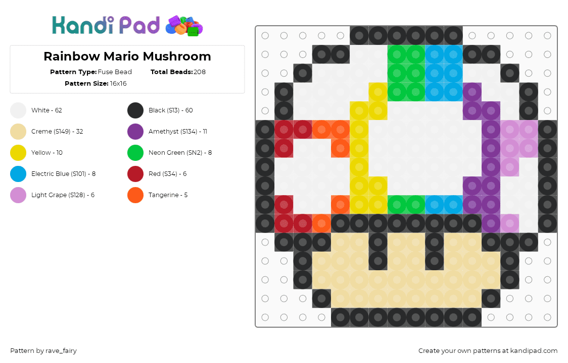 Rainbow Mario Mushroom - Fuse Bead Pattern by rave_fairy on Kandi Pad - white,beige,pink,rainbow,mushroom,mario,perler,kandi