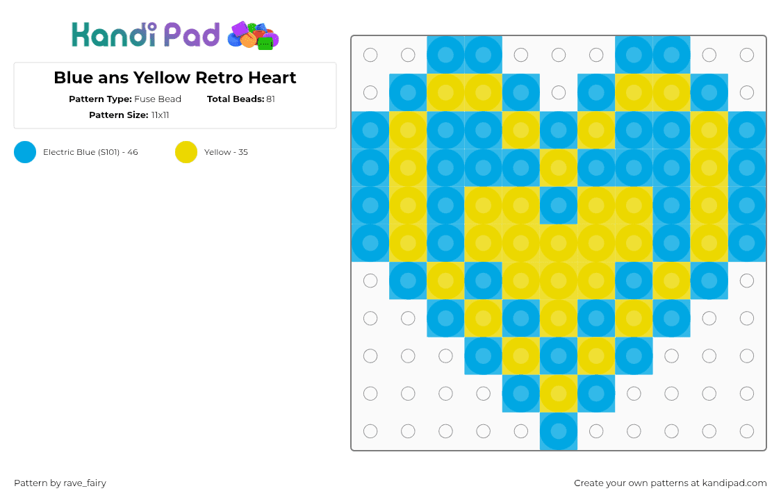 Blue ans Yellow Retro Heart - Fuse Bead Pattern by rave_fairy on Kandi Pad - light blue,yellow,blue,heart,retro,perler,kandi,pattern