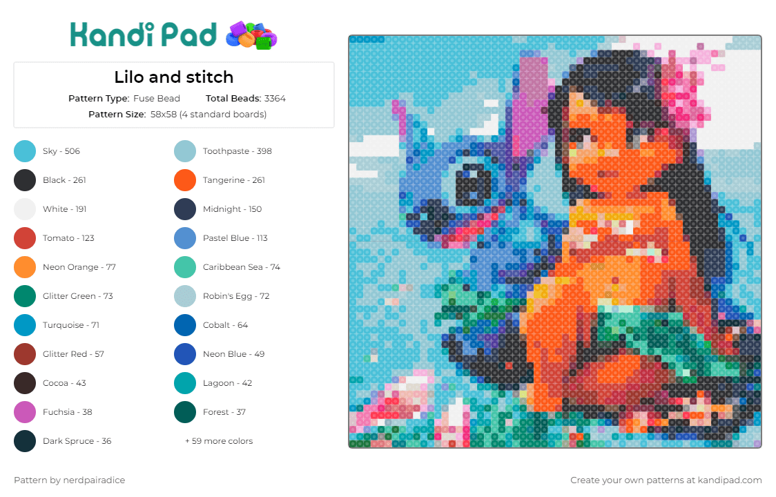 Lilo and stitch - Fuse Bead Pattern by nerdpairadice on Kandi Pad - lilo and stitch,disney,friendship,animation,character,nostalgia,adventure,blue,orange