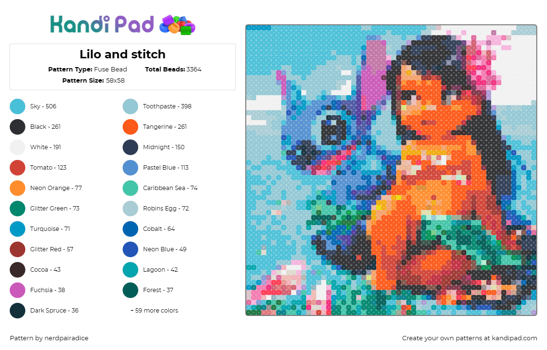 Lilo and stitch - Fuse Bead Pattern by nerdpairadice on Kandi Pad - lilo and stitch,disney,friendship,animation,character,nostalgia,adventure,blue,o