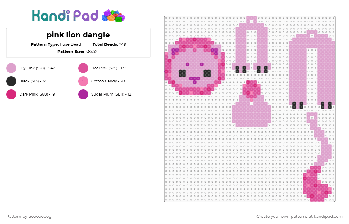 pink lion dangle - Fuse Bead Pattern by uooooooogi on Kandi Pad - pink,fursona,lion,furry
