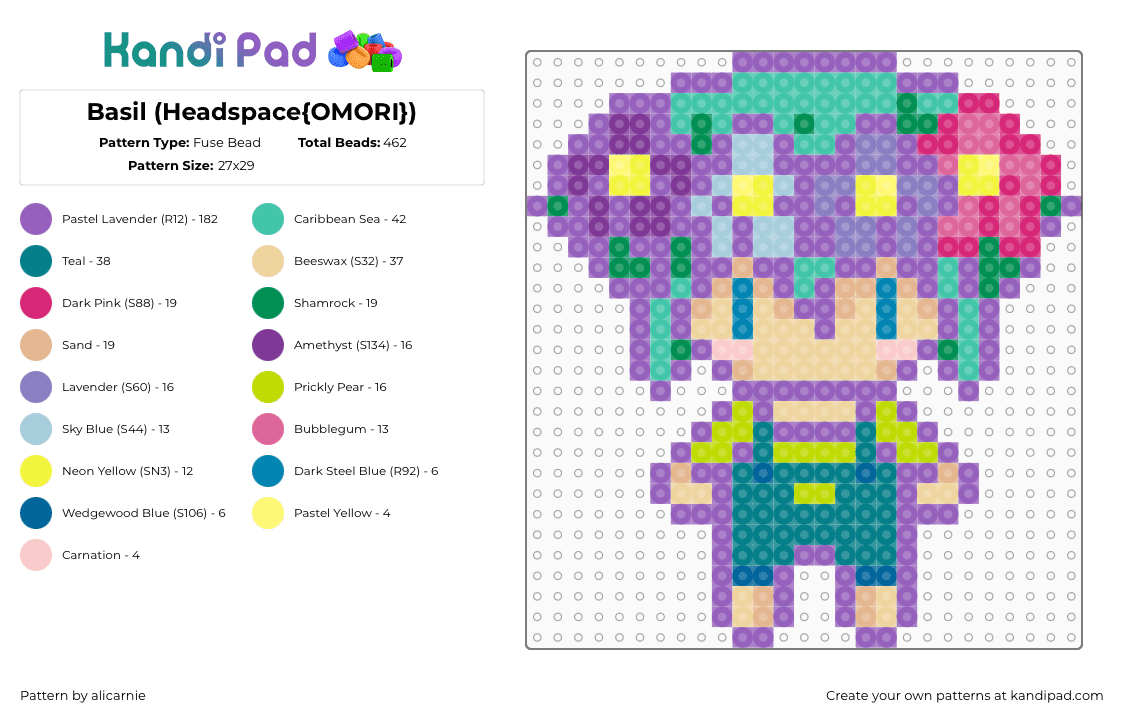 Basil (Headspace{OMORI}) - Fuse Bead Pattern by alicarnie on Kandi Pad - pink,teal,beige,basil,omori,headspace,flower,pixel,plant,cute,green