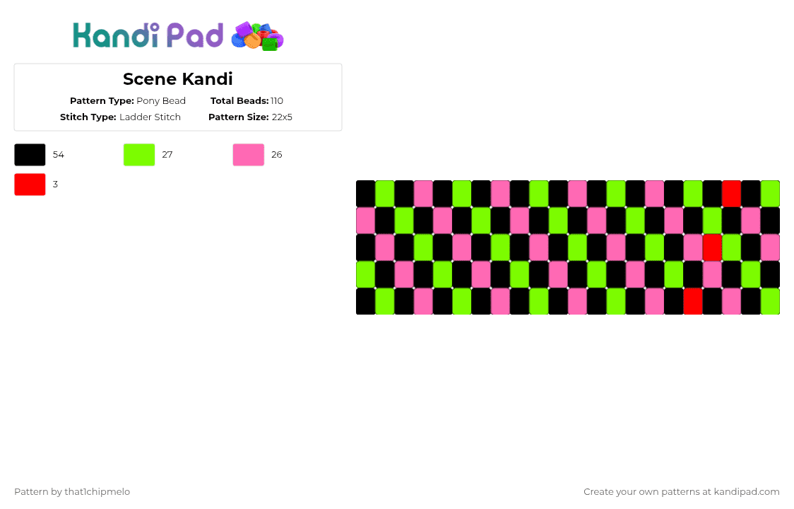 Scene Kandi - Pony Bead Pattern by that1chipmelo on Kandi Pad - cuff,bracelet,rave,neon,fashion,checkered,scene,emo,green,pink