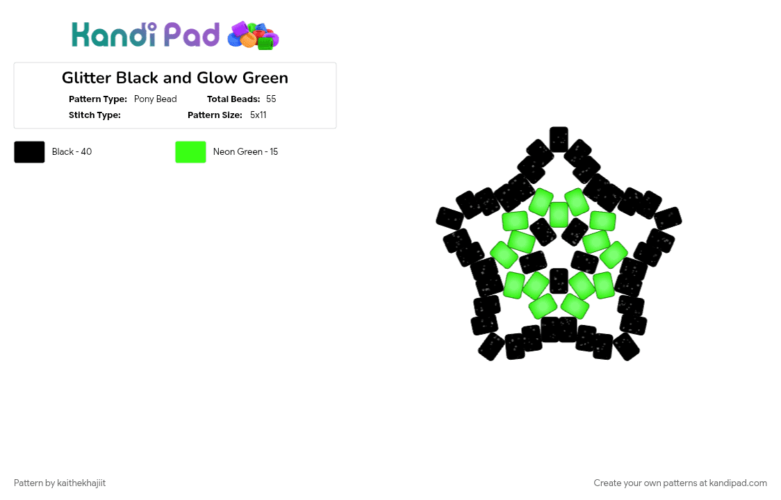 Glitter Black and Glow Green - Pony Bead Pattern by kaithekhajiit on Kandi Pad - black, green