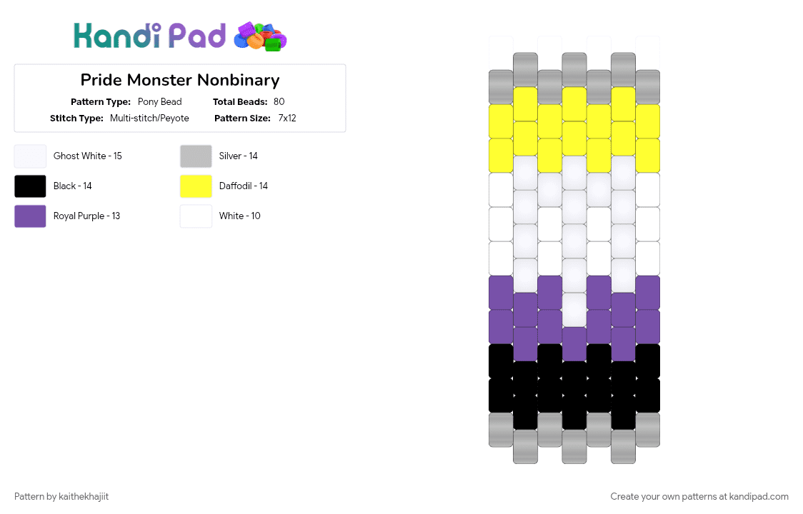 Pride Monster Nonbinary - Pony Bead Pattern by kaithekhajiit on Kandi Pad - 