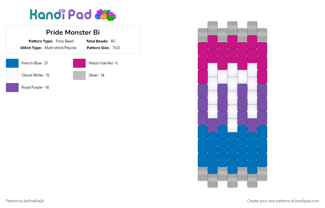 Pride Monster Bi - Pony Bead Pattern by kaithekhajiit on Kandi Pad - bisexual, blue, monster, pink, pride