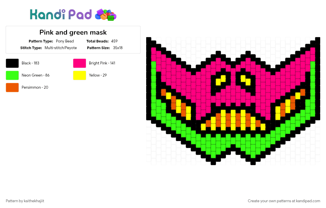 Pink and green mask - Pony Bead Pattern by kaithekhajiit on Kandi Pad - green, pink