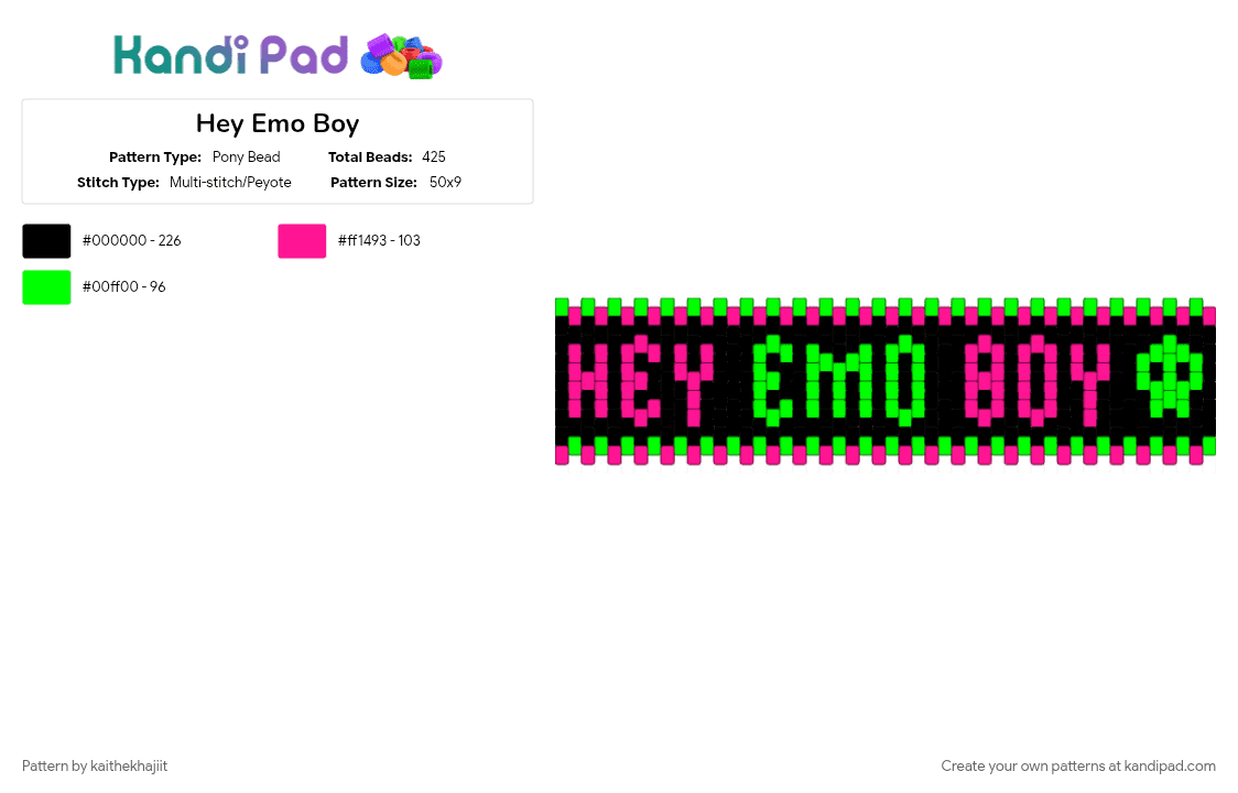 Hey Emo Boy Cuff - Pony Bead Pattern by kaithekhajiit on Kandi Pad - green, pink