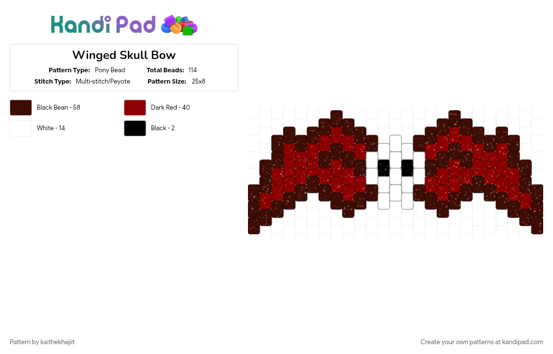 Winged Skull Bow - Pony Bead Pattern by kaithekhajiit on Kandi Pad - batwing, bow, brown, red, skull