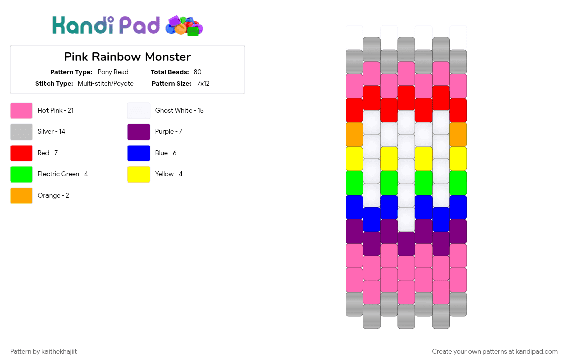 Pink Rainbow Monster - Pony Bead Pattern by kaithekhajiit on Kandi Pad - beige, monster, pink, rainbow