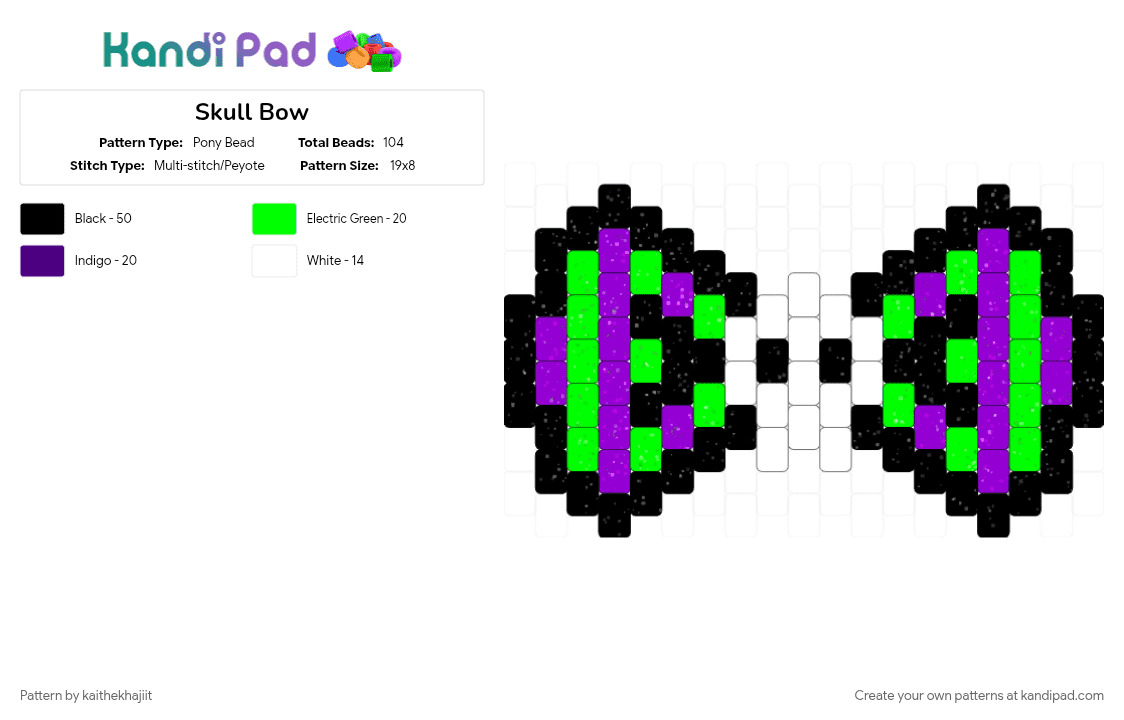 Skull Bow - Pony Bead Pattern by kaithekhajiit on Kandi Pad - bow, bowtie, green, purple, skull